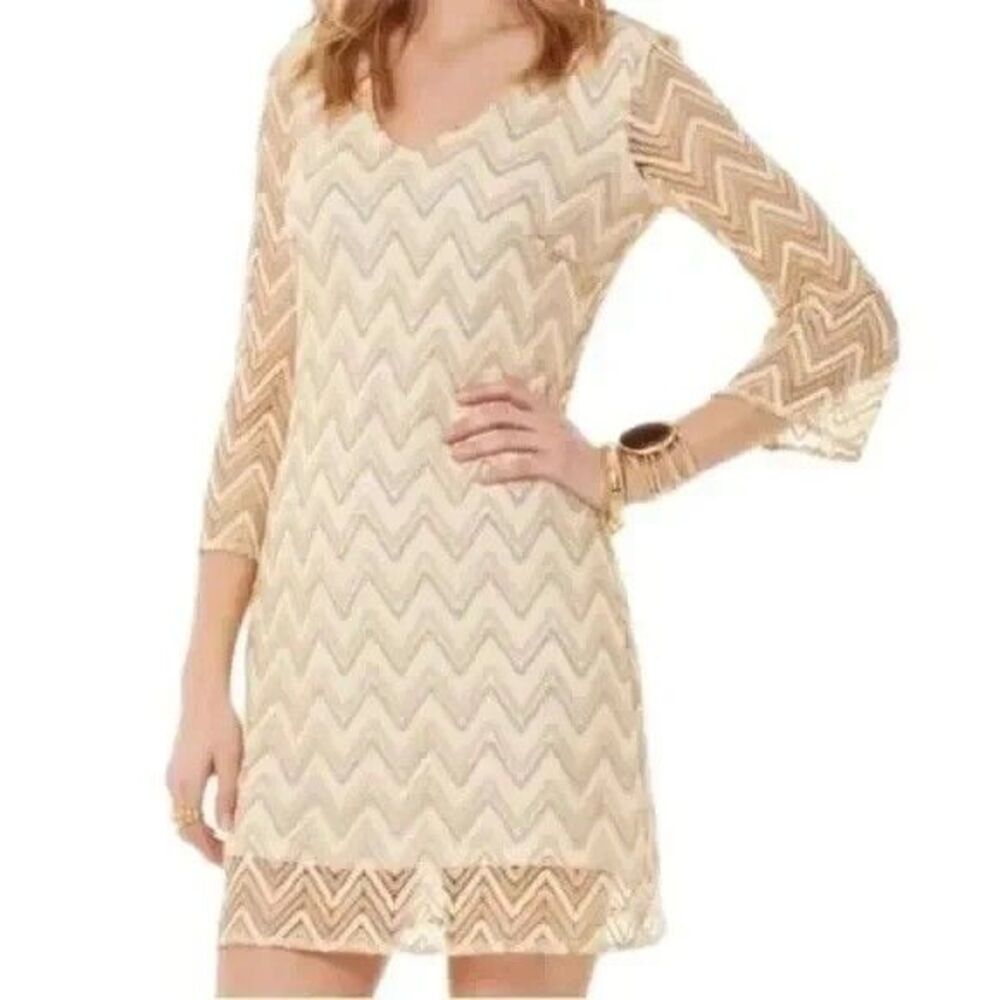 Lilly Pulitzer Jade Dress Multi Zigzag Crochet Metallic Chevron NWT XS Style 850